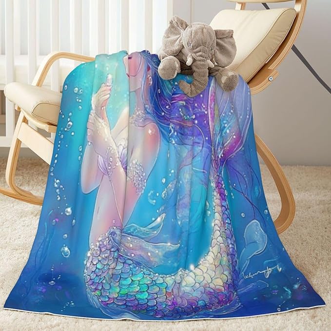 Baby Blanket Mermaid Childish Blue Sea for Boy Girl Newborn 30x40 Inch Toddler Infant Nursery Throw Blankets Double Layer Comfy Soft Plush Stroller Crib Quilt