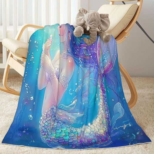 Baby Blanket Mermaid Childish Blue Sea for Boy Girl Newborn 30x40 Inch Toddler Infant Nursery Throw Blankets Double Layer Comfy Soft Plush Stroller Crib Quilt