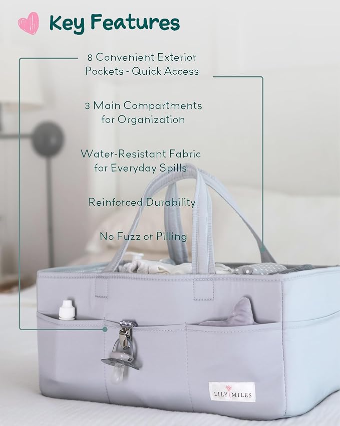 Lily Miles Diaper Caddy Organizer with 8 Pockets, Wipeable Baby Caddy Basket for Diapers and Wipes, Baby Registry Favorites, Nursery Tote Bag for Changing Table or Car (Heather Grey, Large)