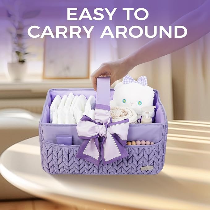 Luxurious Baby Diaper Caddy, Nursery Storage Basket for Newborn Boy and Girl, Travel Baby Basket for Diapers Baby Wipes, Organizer Tote Bag Storage Bin, Baby Shower Gifts (purple)