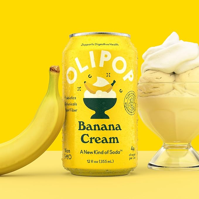 OLIPOP Prebiotic Soda Pop, Banana Cream, A New Kind of Soda Packed with Prebiotics, Fiber, and Botanicals, Gluten Free, Vegan, GMO Free, 12oz (12-Cans)