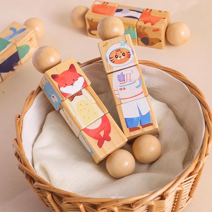 Promise Babe Wooden Animal Puzzle Toy for Toddlers 1-3, Rotating Spin Twist Blocks Set of 2, Learning Educational Montessori Toy Gifts for Kids Boys Girls, Fox and Tiger