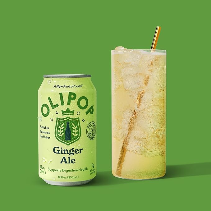 OLIPOP Prebiotic Soda Pop, Ginger Ale, Pantry Pack Packed with Prebiotics, Fiber, and Botanicals, Gluten Free, Vegan, GMO Free, 12oz (12-Cans)