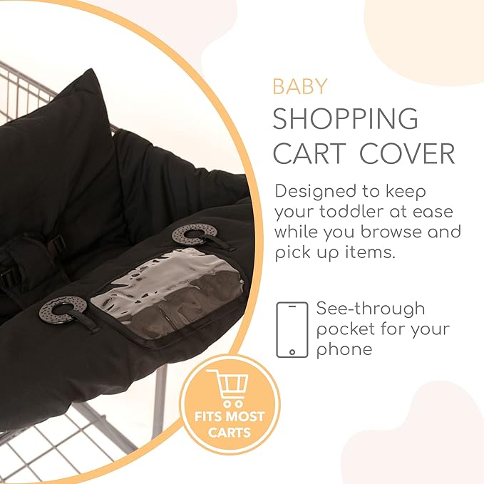2-in-1 Cushy High Chair Cover and Shopping Cart Cover for Baby, Comfortable Cover for Grocery Cart, Universal Fit Cart Cover for Babies, Includes Storage Pouch - Black