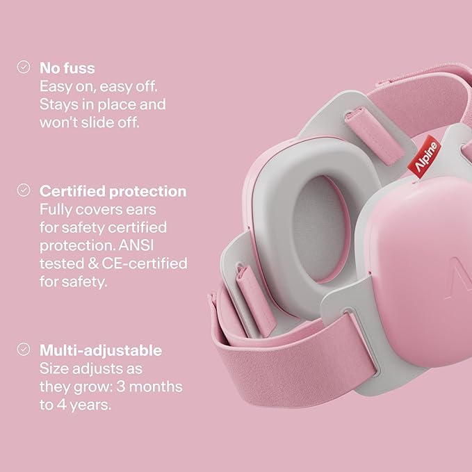 Alpine Muffy Baby Comfort - Protects Hearing for Babies and Toddlers - CE & ANSI Certified - Unique Headband for Safe fit & Comfort - Multi-adjustable for Ages 3-48 Months - 24dB Sound Reduction, Pink