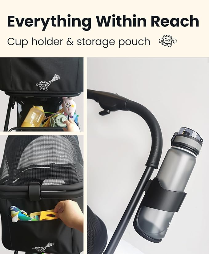 4 Wheels Pet Stroller, Dog Stroller for Small/Medium Dogs and Cats up to 33 lbs, One-Click Fold & Draggable, Removable Carrier, Zipperless Entry, Mesh Windows, Black