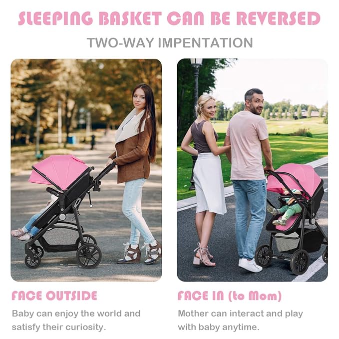 BABY JOY Baby Stroller, 2 in 1 Convertible Carriage Bassinet to Stroller, Pushchair with Foot Cover, Cup Holder, Large Storage Space, Wheels Suspension, 5-Point Harness (Pink)
