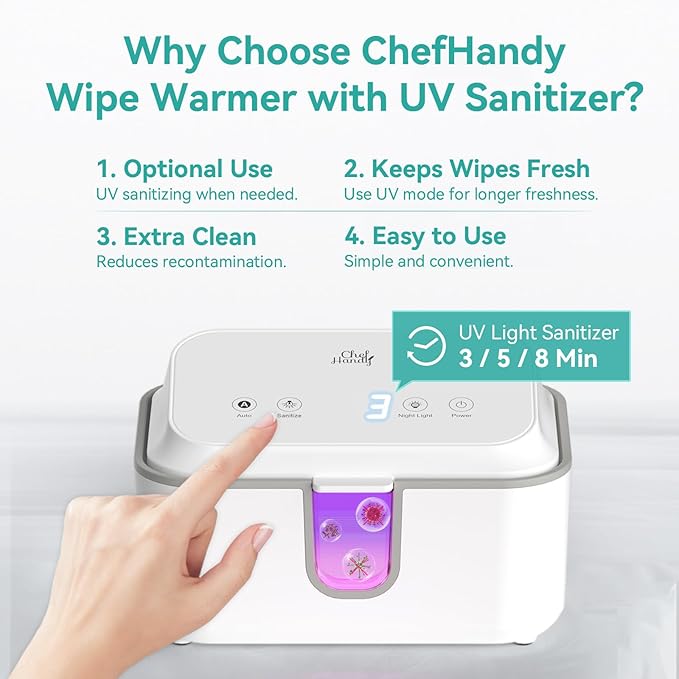 Chefhandy Wipe Warmer, Baby Wipe Warmer with UV Sanitizer, Diaper Wipe Warmer, Wet Wipes Dispenser with 3 Heating Modes, Night Light, Large Capacity, and One-Handed Operation (White)