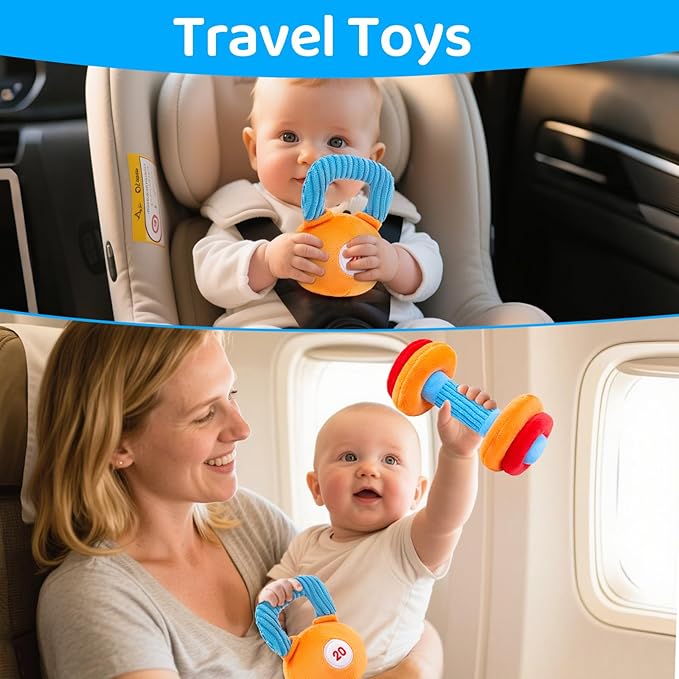 Baby Toys 3-6-12 Months Sensory Toy for Babies Workout Dumbbell Weights Toy Set with Rattles,Crinkle,Mirror & Teether,Montessori Toys for 6 Month Old Infant Baby Girl Boy Gifts