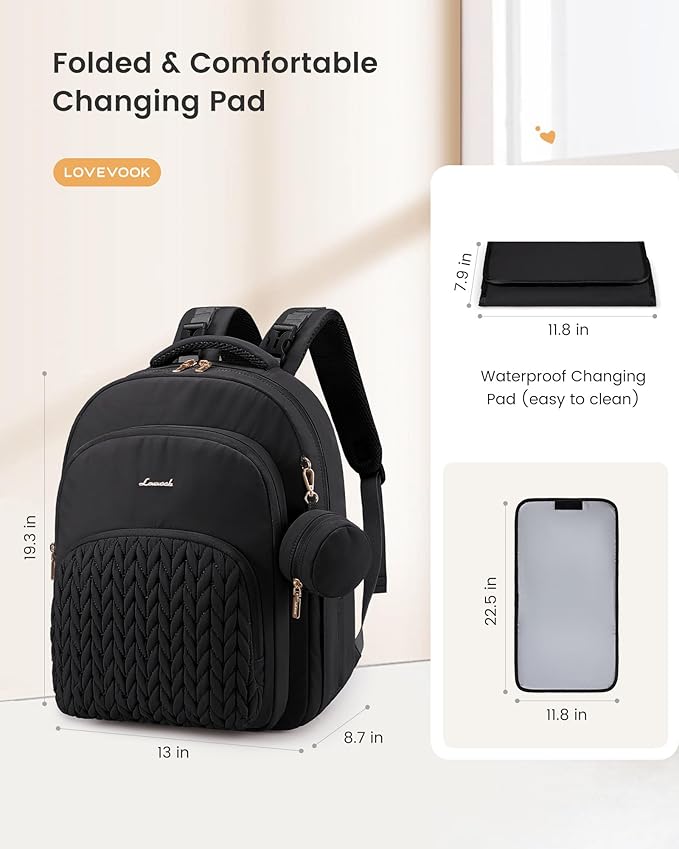 LOVEVOOK Diaper Bag Backpack, Baby Bag with Changing Pad for Mom Dad, Large Waterproof Mommy Bag with Stroller Buckles, Travel Essential with Pacifier Case & Insulated Bottle Pockets, Black