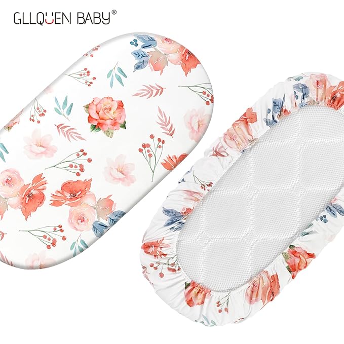 Gllquen Baby Bassinet Sheets 4 Pack, Breathable Cozy Fitted Mattress Sheet, Elastic Travel Crib Fashionable Floral Pattern, Standard Cradle Safe Sheets for Baby Boys Girls 32"x16" (Flower)