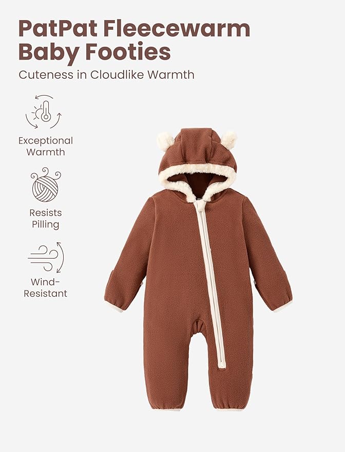 PATPAT Fleece Hooded Footed Romper Clothes, Soft Warm Footie Covers, Car Seat Friendly, Easy Zip, Cute Boy Girl