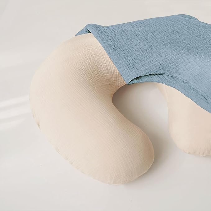 Konssy Muslin Nursing Pillow Covers, Soft and Cute Nursing Covers for Breastfeeding Pillows, Ideal for Newborn Baby Boys and Girls (Blue, Cream) - 2 Pack