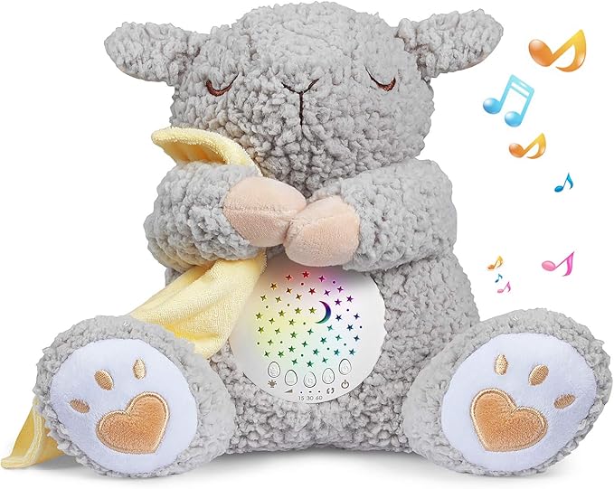 BEREST Baby White Noise Machine Stuffed Animal Toy, Mom's Heartbeat Lullabies Sheep Sleep Soother, Nursery Decor Night Light Projector, Toddler Crib Sleeping Aid, Babies Shower Gifts Portable