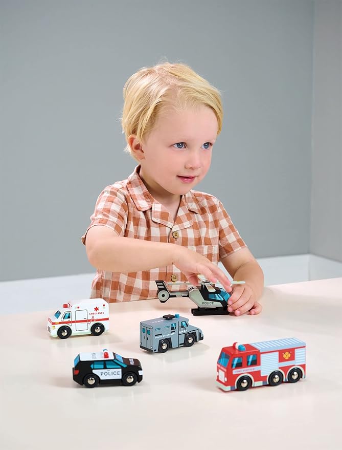 Tender Leaf Toys - Emergency Vehicles - 5 Wooden Rescue Vehicles with Moving Parts for Toddler Boys and Girls - Great Gift for Car Lovers - Educational Pretend Play Vehicles - Age 3+