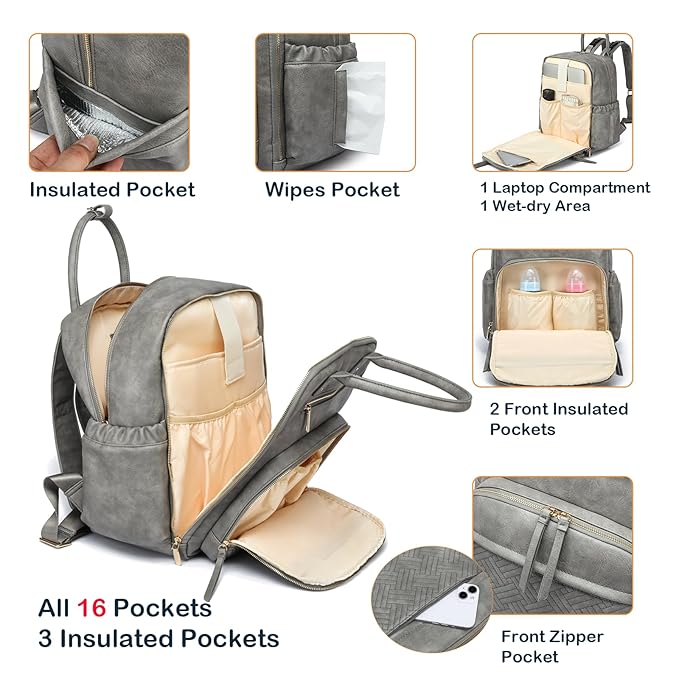 Leather Diaper Bag Backpack for Women with Multiple Pockets,Laptop Compartment and Changing Pad.