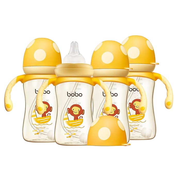 YOHKOH Natural PPSU Baby Bottle with Natural Response Nipple, Newborn Anti-Colic Baby Bottles with Handle, Wide Neck Mushroom Cap Baby Bottle (8.8oz (Pack of 4), Yellow)