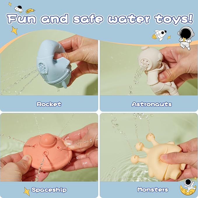 Bath Toys, Space & Rocket 4 Pack | Dishwasher-Safe & Mold Free Silicone Bath Toys | Soft, Squeezable & Float on Water | Soft & Easy-Grip Baby & Toddler Bath Toy Set | Baby Pool Toys