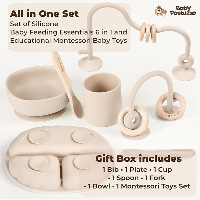 Set of Silicone Feeding Set 6 in 1 and Educational Montessori Toys, for Baby and Infant Toddlers (Beige)