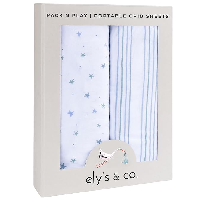 Ely’s & Co. Pack and Play Sheets, for Mini/Portable Crib, 2 Pack Fitted Playpen Play Yard Sheet Set Compatible with Graco Pack n Play, for Baby Boys, 100% Cotton, Blue Stars and Stripes, 38”x24”x5”