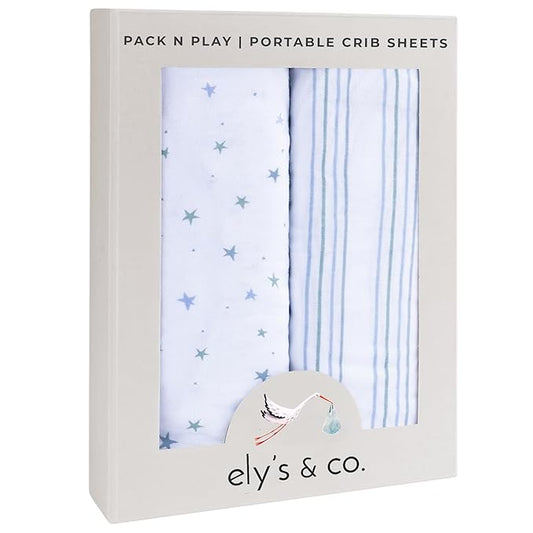 Ely’s & Co. Pack and Play Sheets, for Mini/Portable Crib, 2 Pack Fitted Playpen Play Yard Sheet Set Compatible with Graco Pack n Play, for Baby Boys, 100% Cotton, Blue Stars and Stripes, 38”x24”x5”