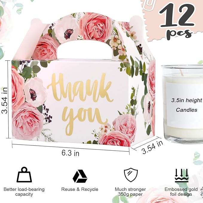 SOSFKIM Gable Treat Boxes Large 12 Pack - Floral Party Favor Boxes Bulk Embossed Gold Foil - Goodie Gable Boxes for Baby Shower, Wedding, Birthday 6.3x3.5x3.5 Inch