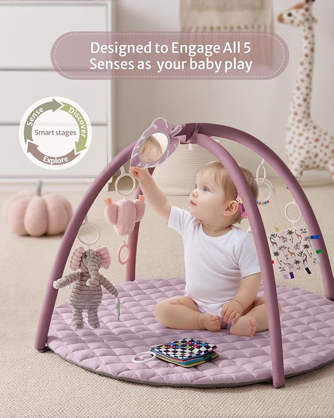 Blissful Diary Baby Play Gym Mat, Tummy Time Activity Mat with 6 Detachable Toys for Stage-Based Sensory & Motor Skill Development, Easy to Install & Clean, Baby Essentials Gift, Lavender Pink