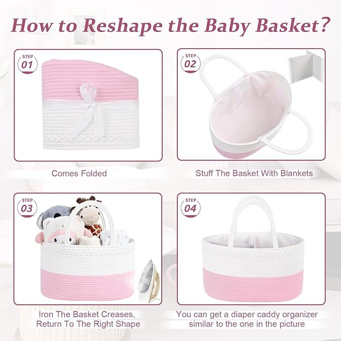 Baby Diaper Caddy Organizer, Cotton Rope Diaper Basket, Baby Basket for Changing Table, Nursery, Car, Changing Table Storage Bin With Removable Divider, Baby Shower Gifts for Newborn, Baby Essentials