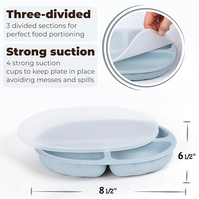 Set of Silicone Feeding Set 6 in 1 and Educational Montessori Toys, for Baby and Infant Toddlers (Dusty Blue)