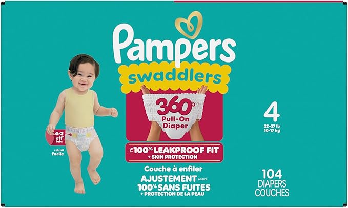 Pampers Diapers - Swaddlers 360° - Size 4, 104 Count, up to 100% Leakproof Comfy Dry Fit, Designed for Easy Changes, Pull On Baby Diaper (Packaging May Vary)