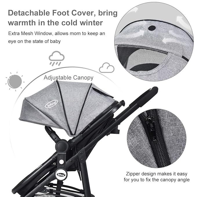 INFANS 2 in 1 Baby Stroller, High Landscape Infant Stroller & Reversible Bassinet Pram, Foldable Pushchair with Adjustable Canopy, Cup Holder, Storage Basket, Suspension Wheels (Volcanic Ash)