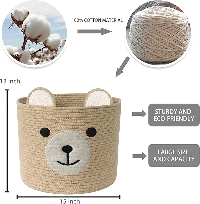 Bear Laundry Baskets Laundry Hamper Storage Baskets with Handles,Decorative Basket for Living room,Woven Storage Basket for Toys Bin Pillows Blankets Clothes (Khaki - Version 2)