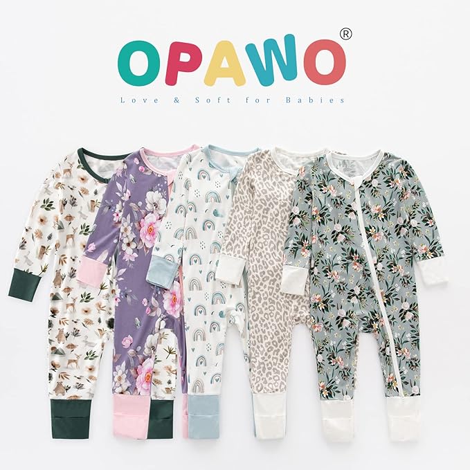 OPAWO Viscose from Bamboo Baby Pajamas Girl 2pack Mittens Cuff 2 Way Zipper Soft Footless Sleeper Baby Boy One-Piece Romper