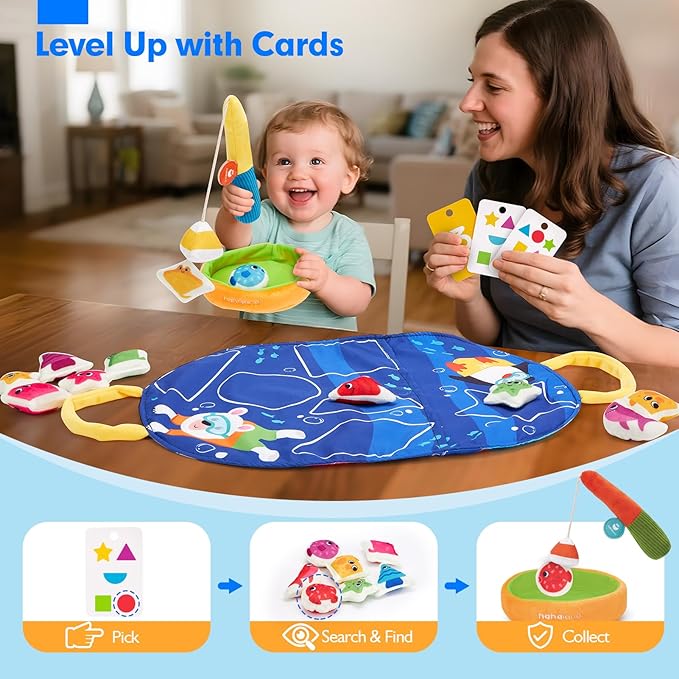 hahaland Montessori Toys for 1 Year Old - Fishing Game for Toddlers 1-3 with Shapes Colors Learning Mat, Dices, Fish, 2 Poles, Cards, 1 Year Old Educational Toys Stocking Stuffers Toddler Games Ages 2