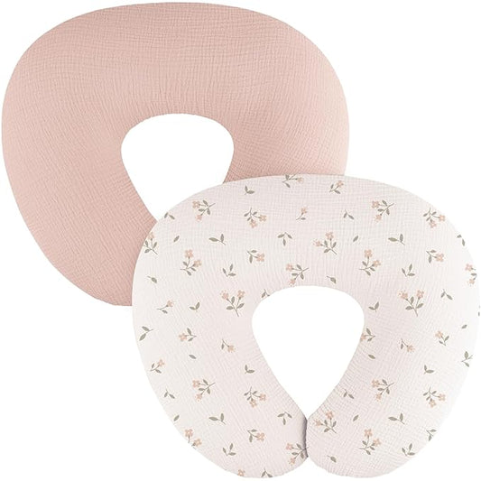 2-Pack Muslin Nursing Pillow Covers, Breathable 100% Cotton Breastfeeding Pillow Slipcovers for Standard Nursing Pillows, Soft Covers for Baby Girls and Boys with Zipper