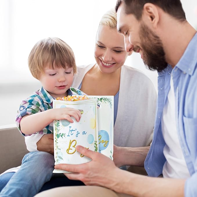 Baby Shower Party Favor Bags - 50Pcs Watercolor Blue Greenery Sweet Goody Candy Treat Gifts Bags, It's a Boy Themed Party Decorations for Baby Boys Birthday Gender Reveal Events Supplies