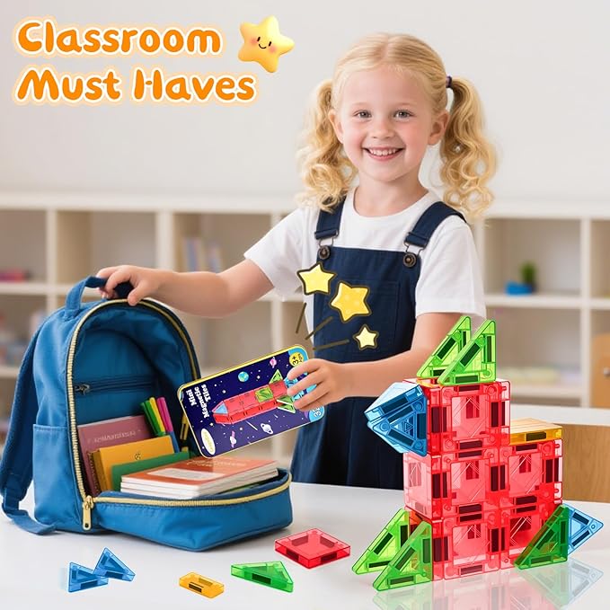 Magnetic Tiles Building Blocks Toy Set: Portable Mini Magnetic Tiles Travel Set 32 Pieces with Iron Tin Construction Toys Gift for Kids Girls and Boys Ages 3-12 Years Old School Classroom Must Haves