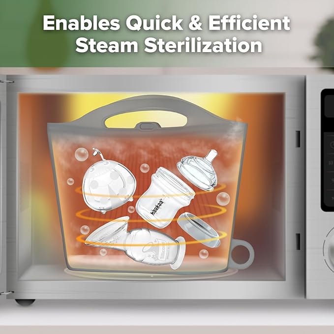 Haakaa On-The-Go Silicone Microwave Steam Sterilizer Bags for Travel, 50oz/1500mlReusable Silicone Steaming Bags for Baby Bottles, Breast Pump, Accessories, Pacifiers, Teethers,Grey/2PCS