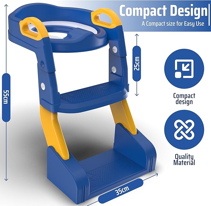 3-in-1 Toddler Potty Training Toilet with Ladder, Easy Assembly, Collapsible Potty Training Seat, Anti-slip Foldable Toddler Toilet Seat with Adjustable Step Stool For Kids Boys And Girls (Blue)