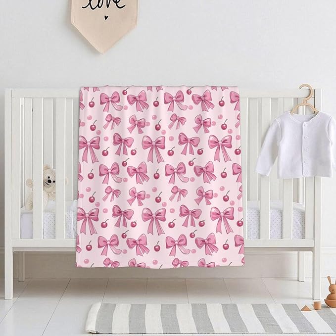 Baby Blanket Pink Bow Pattern Cherry for Boy Girl Newborn 30x40 Inch Toddler Infant Nursery Throw Blankets Double Layer Comfy Soft Plush Stroller Crib Quilt