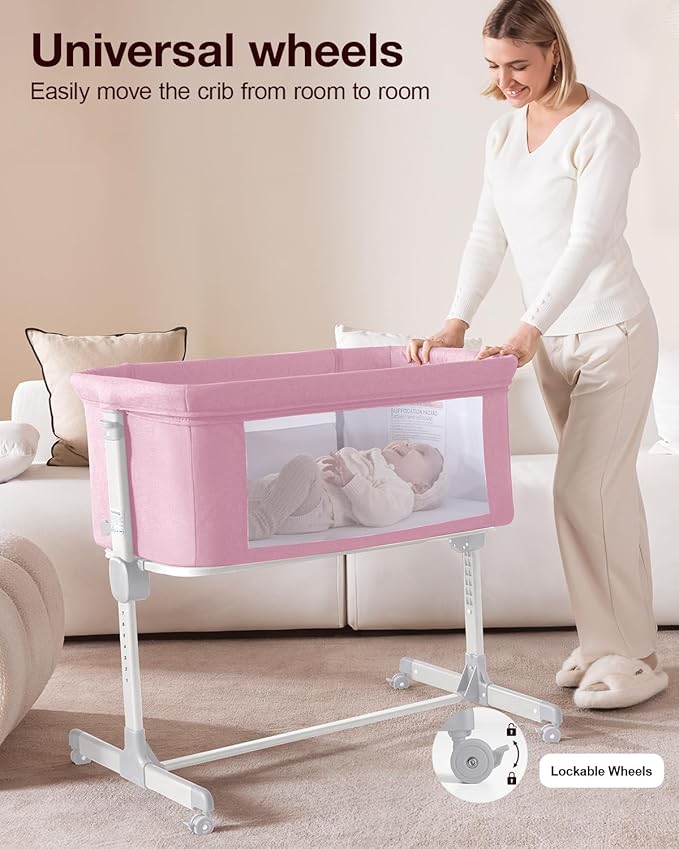 Larex Baby Bassinet, 3 in 1 Bassinets Bedside Sleeper for Newborn, Portable Crib Adjustable 7 Height Bedside Bassinet with Mattress and Wheels Pink