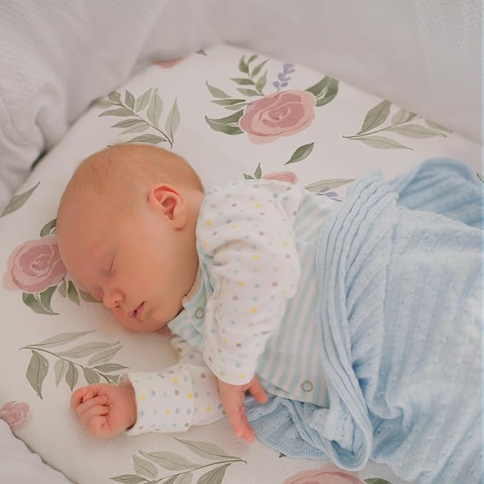 Gllquen Baby Bassinet Sheets 4 Pack, Breathable Cozy Fitted Mattress Sheet, Elastic Travel Crib Fashionable Floral Pattern, Standard Cradle Safe Sheets for Baby Boys Girls 32"x16"(Deer & Rose)