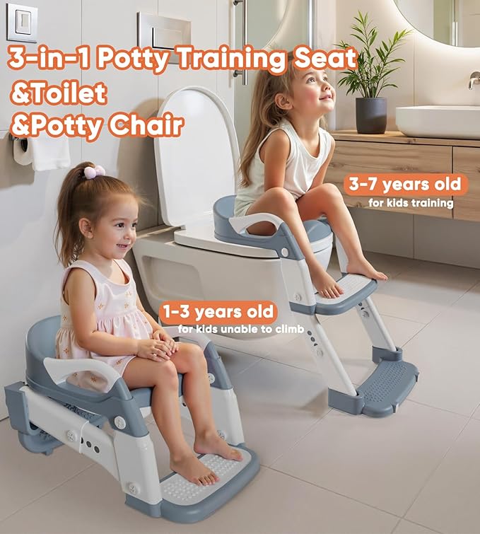 3-in-1 Potty Training Seat & Training Toilet & Potty Chair, Height Adjustable Toddler Toilet Seat for Kids Boys Girls, Foldable Potty Training Toilet with Splash Guard and Anti-Slip Steps (Grey)