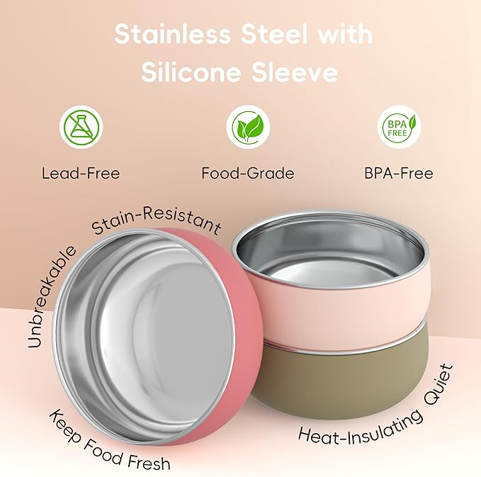 Bella's Friends Stainless Steel Baby Bowls with Silicone Sleeve 3 Pack, 4.3” for Toddlers Kids Feeding, Non-Slip, Non-Toxic, Mess-Free, Dishwasher Safe, Fit High Chair Size, Rose green Khaki