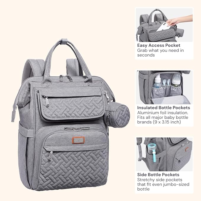 BabbleRoo Diaper Bag Backpack, Multifunction Large Bags with Changing Pad & Stroller Straps & Pacifier Case, Unisex Stylish Travel Back Pack Nappy Changing Bag for Moms Dads (gray)