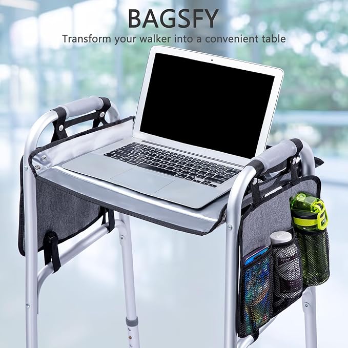 BAGSFY Walker Tray with Cup Holder & 2 Side Pockets, Folding Walker Table for Seniors | Sturdy, Easy-Clean Tray with PEVA Surface | Universal Fit for Standard Walkers, Walker Accessory for Elderly