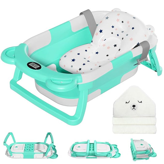 MoreFeel Collapsible Baby Bathtub for Newborn with Thermometer & 1 Hooded Towel & 1 Soft Floating Cushion,Portable Travel Bathtub with Drain Hole, Durable Foldable Baby Tubs for Infants to Toddler