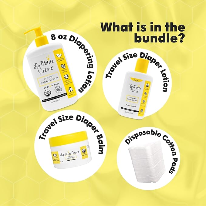 La Petite Creme Premium French Diapering Gift Set: Includes Organic Diapering Lotion (8 oz), Travel-size Liniment Baby Lotion (2 oz), 1 Travel-size Diaper Balm (1 oz), 50 Disposable Cotton Pads