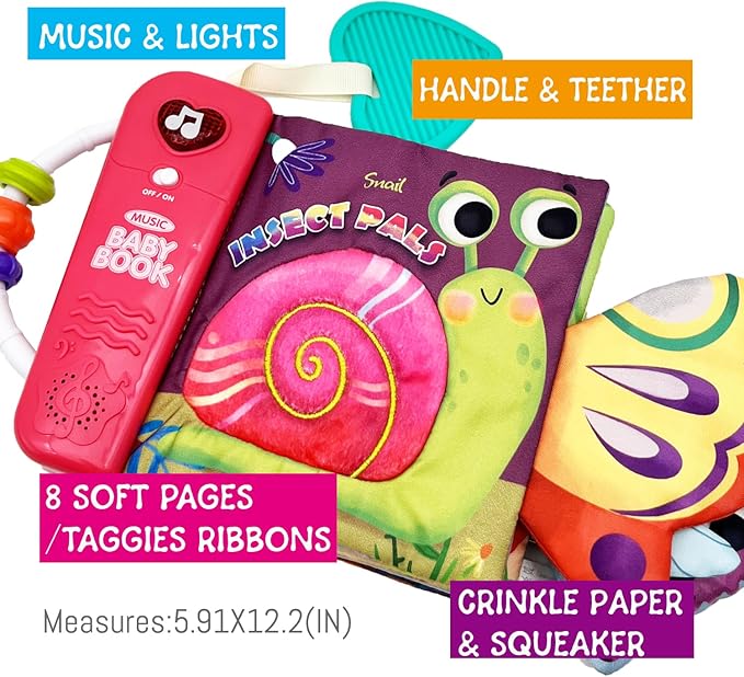 Baby Books Toys, Ocean Pals Touch and Feel Music Cloth Book for Infant Baby 6-12-18 Months, Early Learning Education Shower Easter Gifts for Boys Girls (Insect Pals)