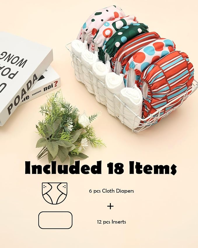 ALVABABY Baby Cloth Diaper 6 Pack with 12 Inserts One Size Cloth Diaper Covers Adjustable Washable Reusable for Baby Girls and Boys 6DM125